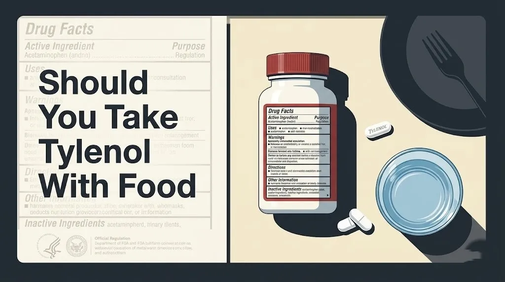 Tylenol bottle with Drug Facts panel visible and caplets on a clean surface, asking should you take Tylenol with food for 2026.