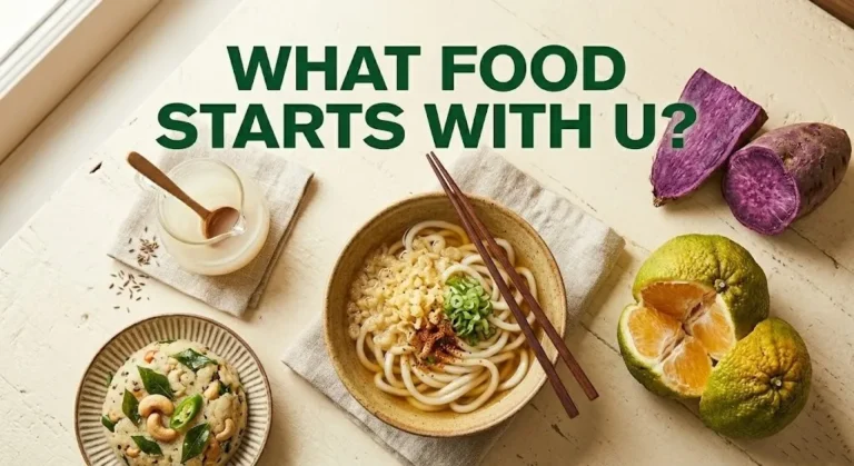 Ugli fruit, ube, udon noodles, and upma arranged on a cream surface, text what food starts with u.