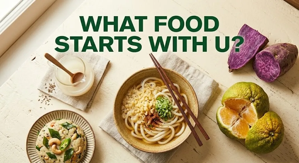 Ugli fruit, ube, udon noodles, and upma arranged on a cream surface, text what food starts with u.