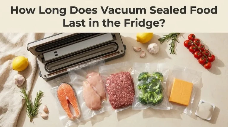Vacuum sealed food bags with meat, fish, and vegetables on a kitchen counter with a vacuum sealer machine and food safety thermometer.