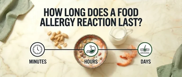 Visual timeline of food allergy symptoms with peanuts and milk in background, how long does a food allergy reaction last.