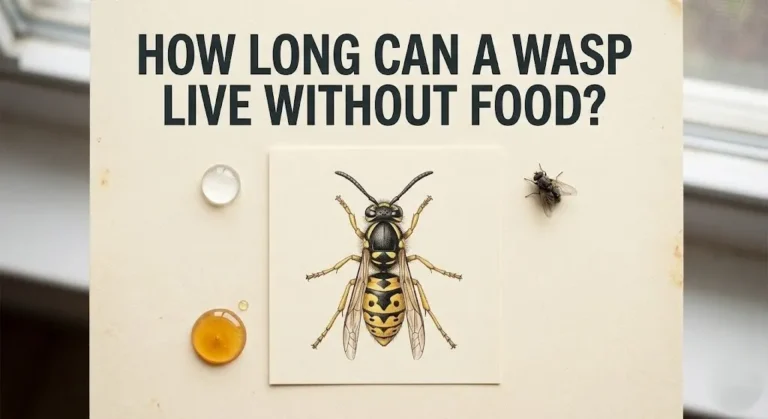 Wasp illustration with honey drop, dead fly, and water, text how long can a wasp live without food.