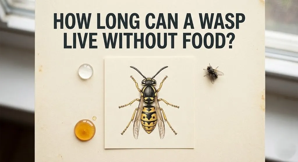 Wasp illustration with honey drop, dead fly, and water, text how long can a wasp live without food.
