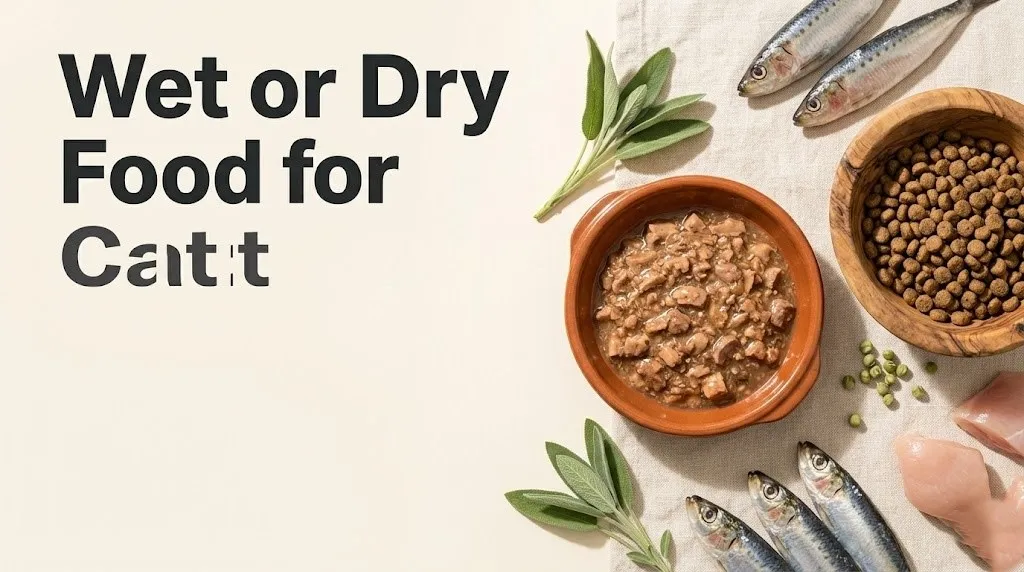 Wet or dry food for cats comparison flat-lay with wet food dish and dry kibble bowl on cream background