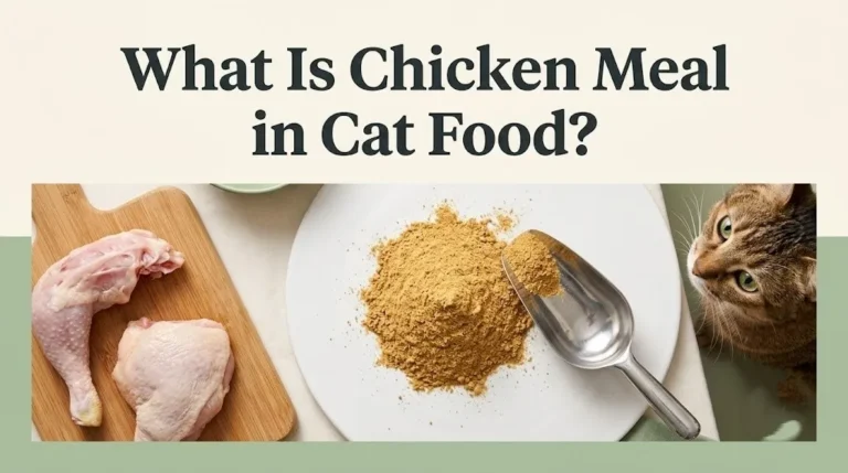 What Is Chicken Meal in Cat Food banner showing chicken meal powder, a raw chicken frame, and a curious cat looking on.