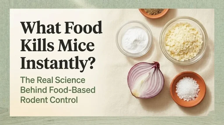 What food kills mice instantly shown as a flat-lay of baking soda, potato flakes, onion, and salt on cream background.
