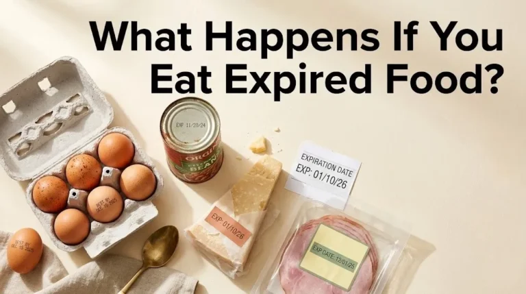 What happens if you eat expired food, showing common food items with date labels on a cream background.