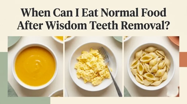When can I eat normal food after wisdom teeth removal banner showing a soft food recovery progression from soup to eggs to pasta.
