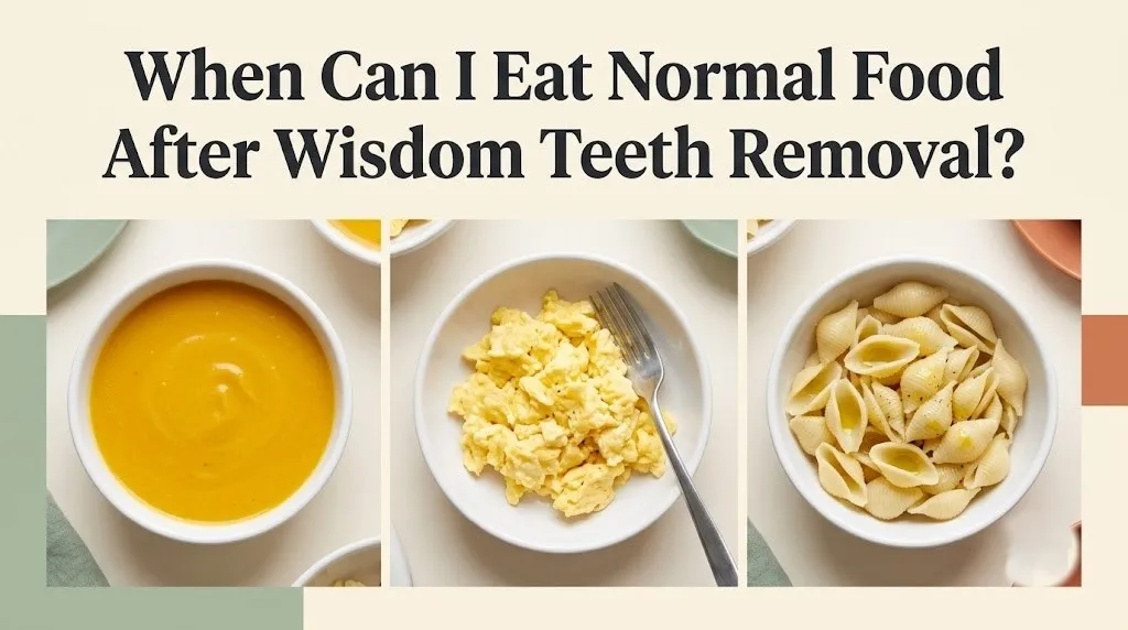 When can I eat normal food after wisdom teeth removal banner showing a soft food recovery progression from soup to eggs to pasta.