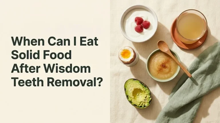 When can I eat solid food after wisdom teeth removal recovery foods including yogurt, egg, applesauce, and avocado on cream background