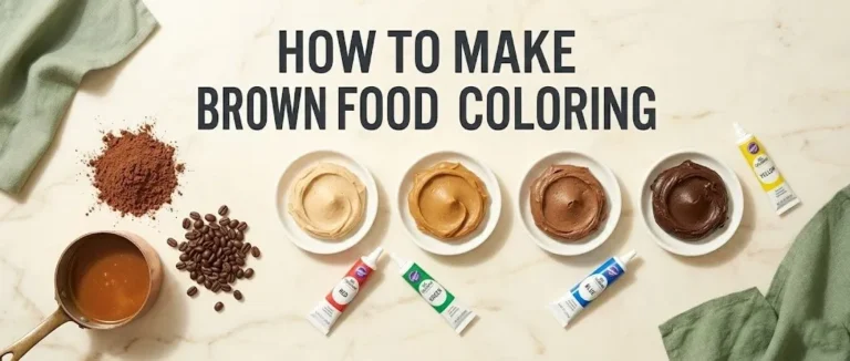 White dishes with tan to dark brown frosting, surrounded by food coloring tubes and cocoa, illustrating how to make brown food coloring.