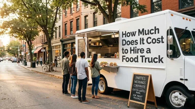 White food truck with bold How Much Does It Cost to Hire a Food Truck title text on the side panel, serving customers on a sunny city street with string lights.