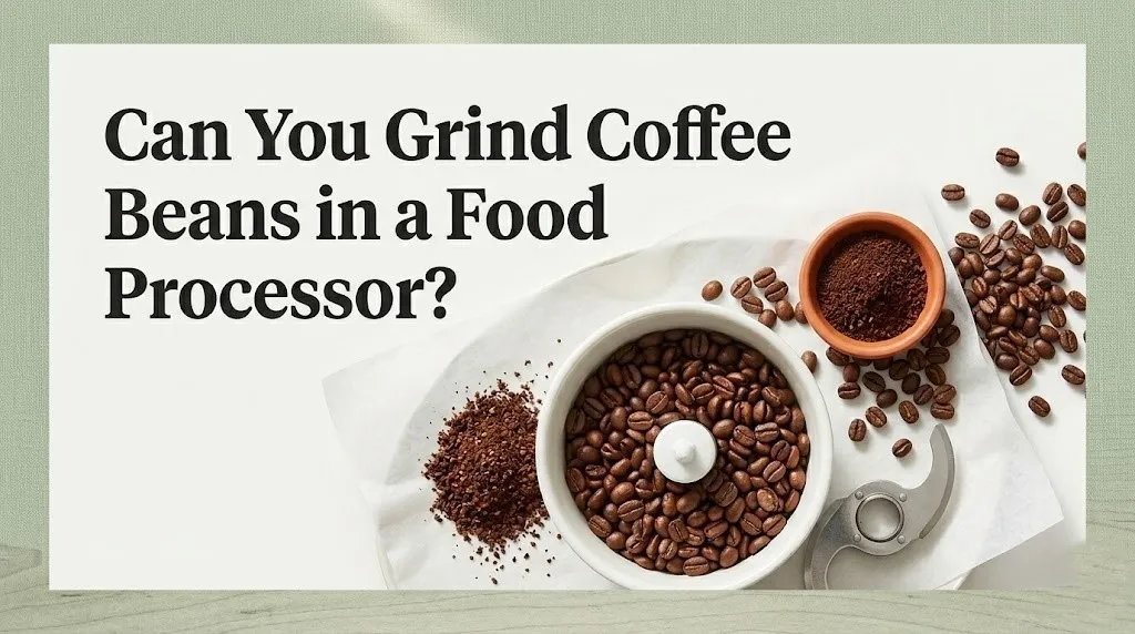Whole coffee beans in a food processor bowl beside coarse ground coffee, illustrating can you grind coffee beans in a food processor