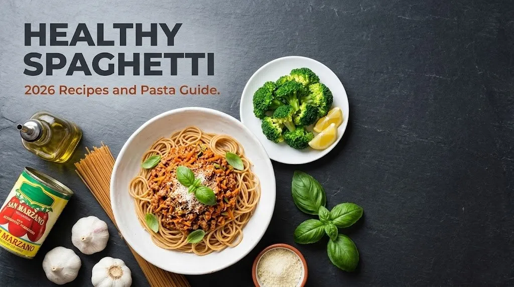 Whole wheat spaghetti with turkey bolognese and broccoli side on dark slate with fresh ingredients. Headline reads Healthy Spaghetti.