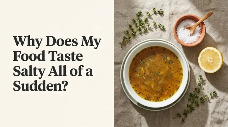 Why does my food taste salty all of a sudden guide with sea salt, broth, and lemon flat-lay on cream background