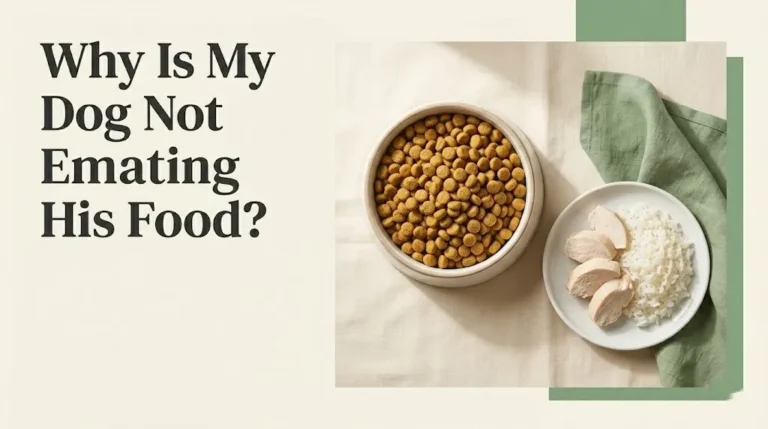 Why is my dog not eating his food dog bowl with kibble, boiled chicken, and rice on cream background