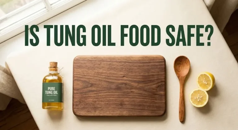 Wooden cutting board with a bottle of pure tung oil, lemon, and spoon, asking is tung oil food safe.