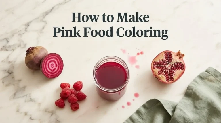 Beets and pomegranate with a jar of homemade pink food coloring, titled How to Make Pink Food Coloring.