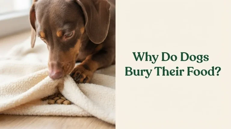 Close-up of dachshund using its nose to bury kibble under blanket, illustrating why dogs bury their food.