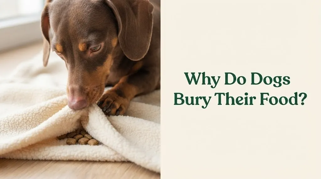 Close-up of dachshund using its nose to bury kibble under blanket, illustrating why dogs bury their food.