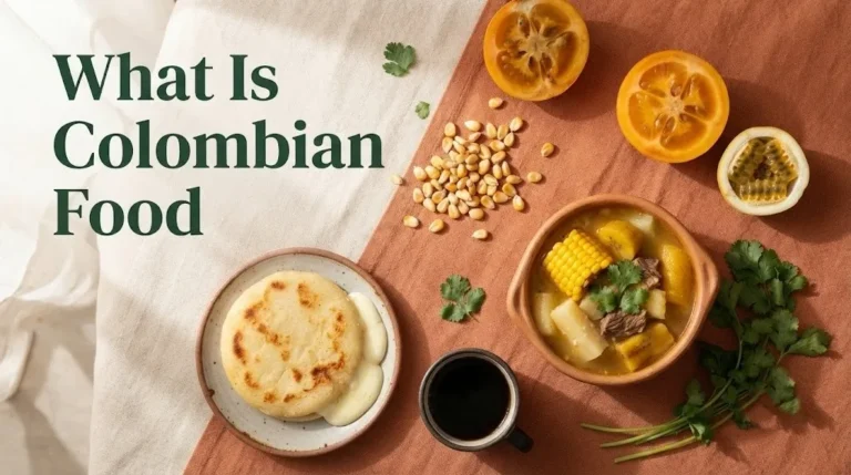 Colombian foods including arepas, sancocho, and coffee with text reading What Is Colombian Food.
