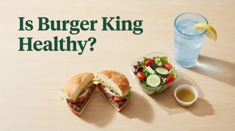 Deconstructed Whopper Jr., garden salad, and water glass with text Is Burger King Healthy.