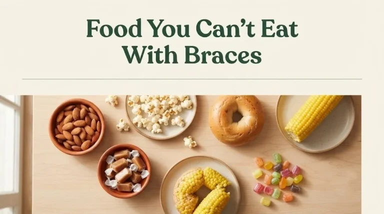 Flat-lay of foods you can't eat with braces including nuts, caramel, popcorn, and bagels