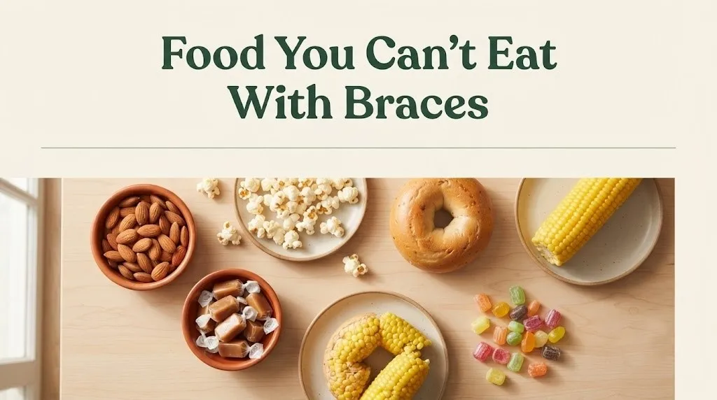 Flat-lay of foods you can't eat with braces including nuts, caramel, popcorn, and bagels