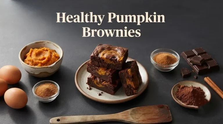 Fudgy pumpkin brownies with pumpkin puree, and cocoa powder, titled Healthy Pumpkin Brownies.