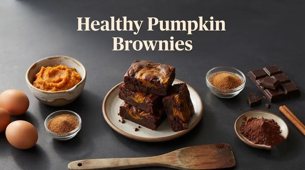 Fudgy pumpkin brownies with pumpkin puree, and cocoa powder, titled Healthy Pumpkin Brownies.
