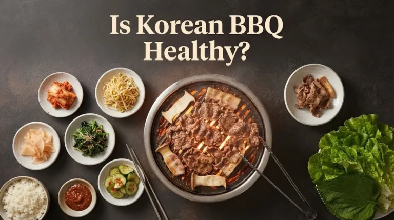 Korean BBQ grill with brisket, banchan, rice, and lettuce wraps, titled Is Korean BBQ Healthy.