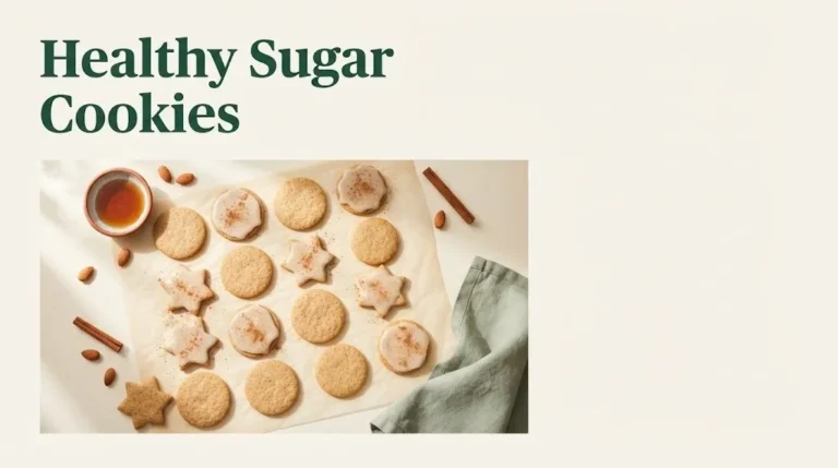 Overhead flat-lay of healthy sugar cookies with maple syrup and cinnamon on a cream background