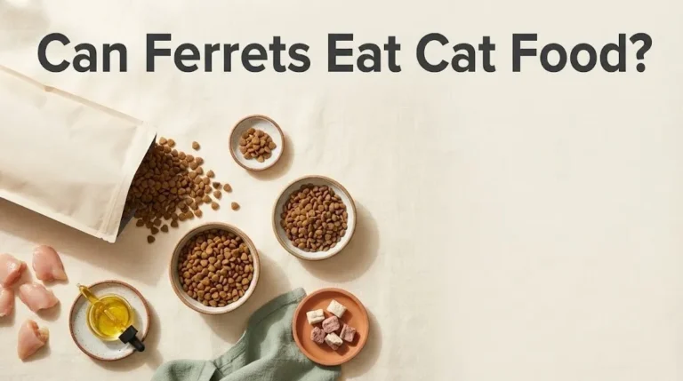 Overhead flat-lay showing cat food and ferret kibble bowls with bold text asking can ferrets eat cat food