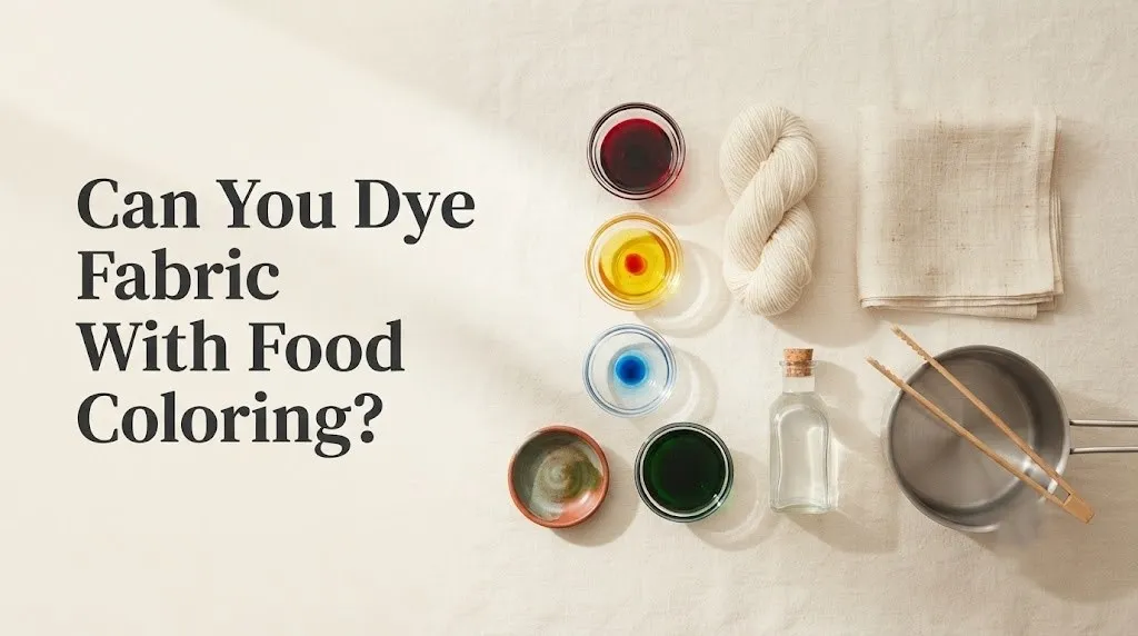 Overhead flat lay showing how to dye fabric with food coloring using wool, silk, and vinegar