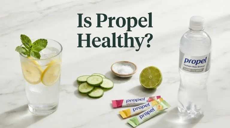 Propel water bottle with fresh lemon water, cucumber, and sea salt, titled Is Propel Healthy.
