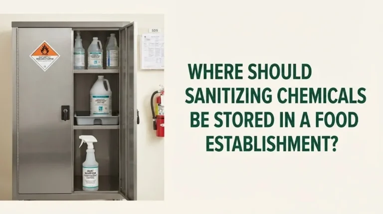 Proper sanitizing chemical storage cabinet in commercial kitchen showing labeled containers and spill containment.