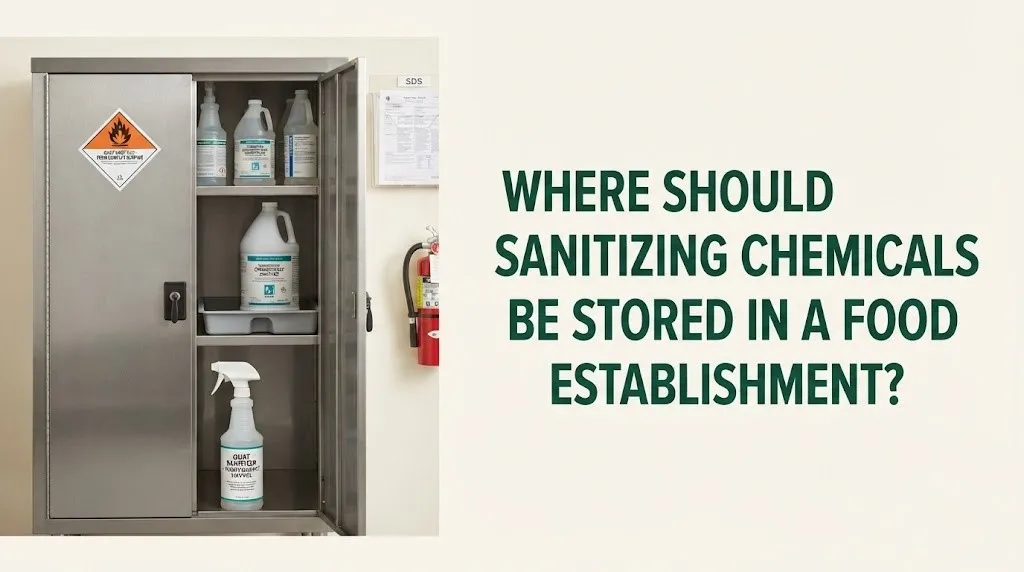 Proper sanitizing chemical storage cabinet in commercial kitchen showing labeled containers and spill containment.