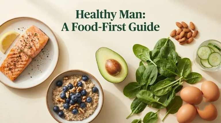Salmon, oatmeal with berries, avocado, spinach, eggs, and almonds with text Healthy Man A Food-First Guide.
