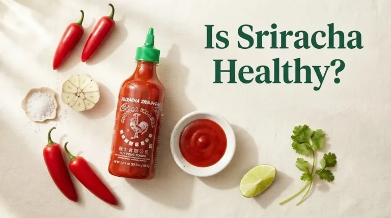 Sriracha bottle, fresh red jalapeños, garlic, and salt with text Is Sriracha Healthy.