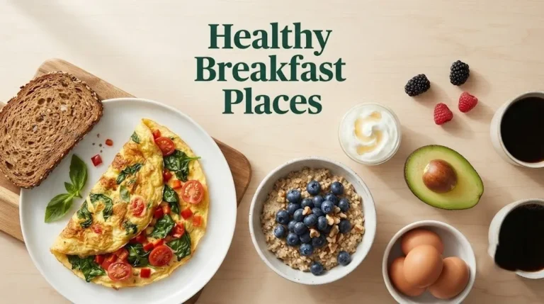 Vegetable omelet, oatmeal with berries, yogurt, avocado, and eggs with text Healthy Breakfast Places.